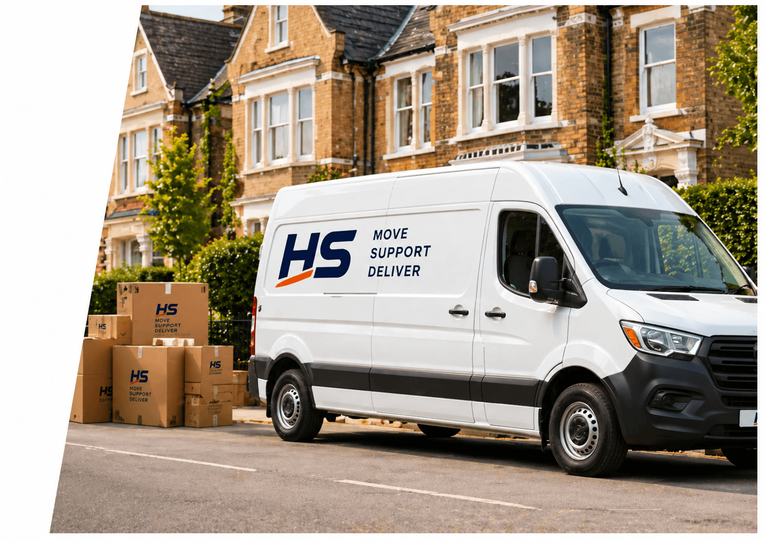 HS moving van and packed boxes outside a home